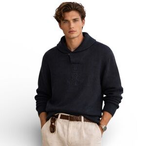 Polo Ralph Lauren Nautical Anchor Shawl Sweater L Black Preppy Old Money Linen